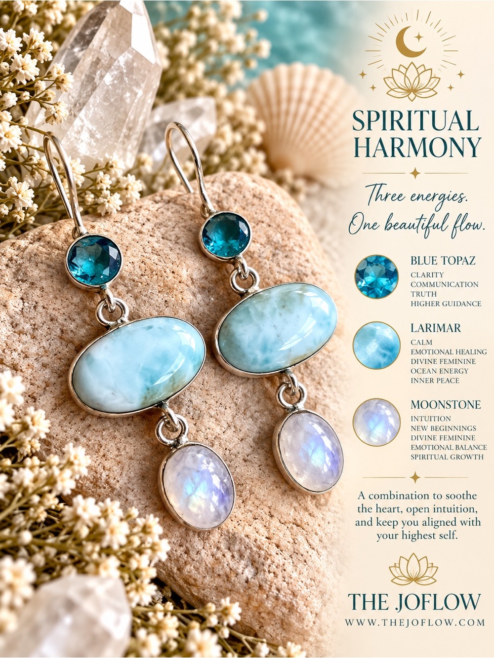 925 Spiritual Harmony C Larimar, Flash Moonstone + Topaz Earrings